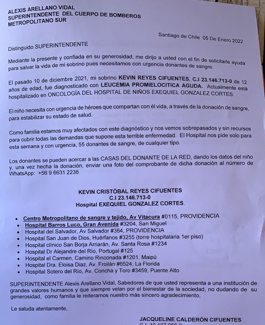 Bomberos_MetSur's tweet photo. [DONANTES DE SANGRE 🩸] El niño (12) Kevin Reyes Cifuentes (RUN 23.146.713-0), vecino de nuestra @novena9cbms , quien padece de leucemia, requiere de tu ayuda como donante de sangre. Mira los centros de la red @casadeldonante .🩸🅰️🅱️🆎🅾️💉🩸DONAR SANGRE ES DONAR VIDA. 🚒🚒🚒 https://t.co/DzQCnA2Vo8