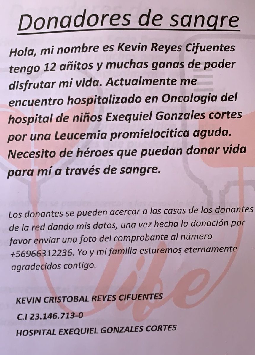Bomberos_MetSur's tweet photo. [DONANTES DE SANGRE 🩸] El niño (12) Kevin Reyes Cifuentes (RUN 23.146.713-0), vecino de nuestra @novena9cbms , quien padece de leucemia, requiere de tu ayuda como donante de sangre. Mira los centros de la red @casadeldonante .🩸🅰️🅱️🆎🅾️💉🩸DONAR SANGRE ES DONAR VIDA. 🚒🚒🚒 https://t.co/DzQCnA2Vo8