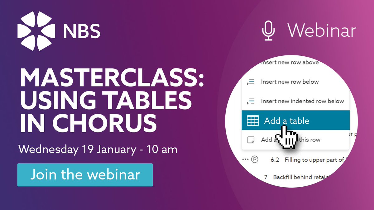 theNBS's tweet photo. Join our first #NBSChorus Masterclass of 2022 to discover how to use the brand new table feature added to all Chorus subscriptions, which can be used to display information in a clear and easily digestible format. Book your spot 👉 https://t.co/7ShHib5BhD

#DigitalConstuction https://t.co/Vst4YtreSB