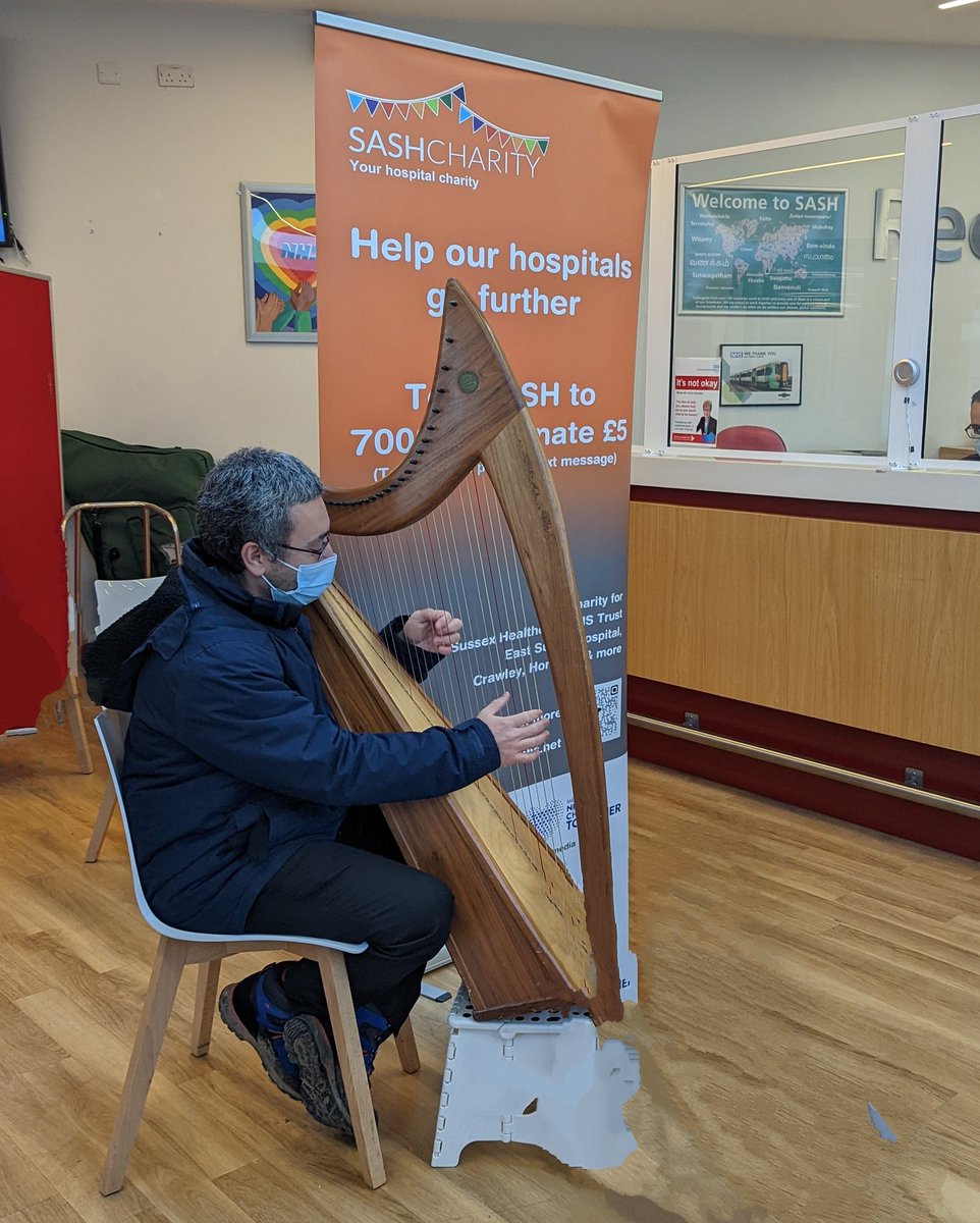 SASHCharity's tweet photo. More pop up music in the main entrance @sashnhs today from @MarkLevinHarp "beautiful music isn't it" according to a family passing by. #eastsurrey #surrey #sussex https://t.co/m2V370KoWf https://t.co/ULeYnKceNt