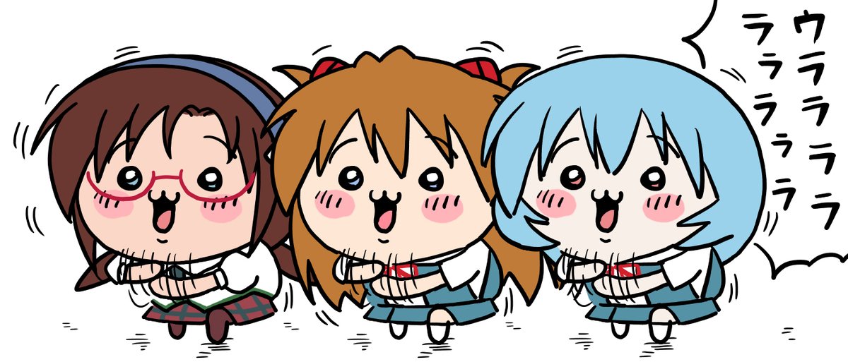 ayanami rei ,makinami mari illustrious ,souryuu asuka langley 3girls multiple girls glasses blue hair brown hair school uniform chibi  illustration images