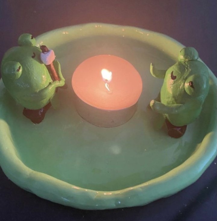 rainbow_explode's tweet photo. they're warming their hands and their marshmallows !!🐸🕯️🌸🪵 https://t.co/KhiAo1724p