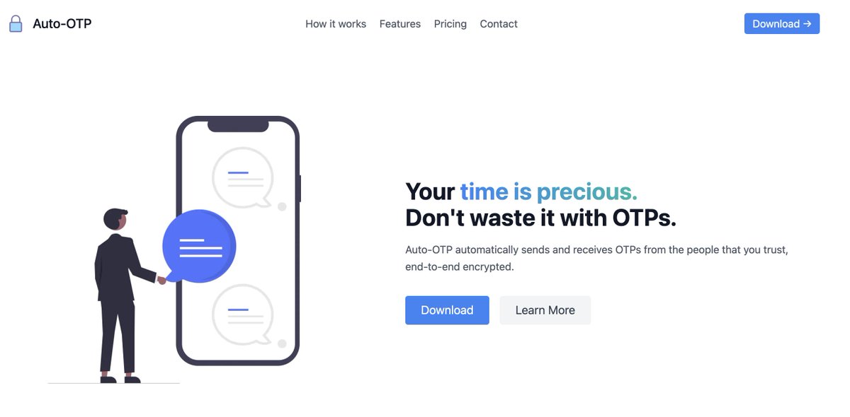 sapoorve's tweet photo. Beta Launching Auto-OTP:

Auto-OTP automatically sends and receives OTPs from people you trust, end-to-end encrypted.

Download from https://t.co/ipdse9X3zy and use it free while in beta 🎉

One lucky person who 
- likes
- retweets
- comments 👋 

will win a LIFETIME MEMBERSHIP! https://t.co/iw4rspX6ds