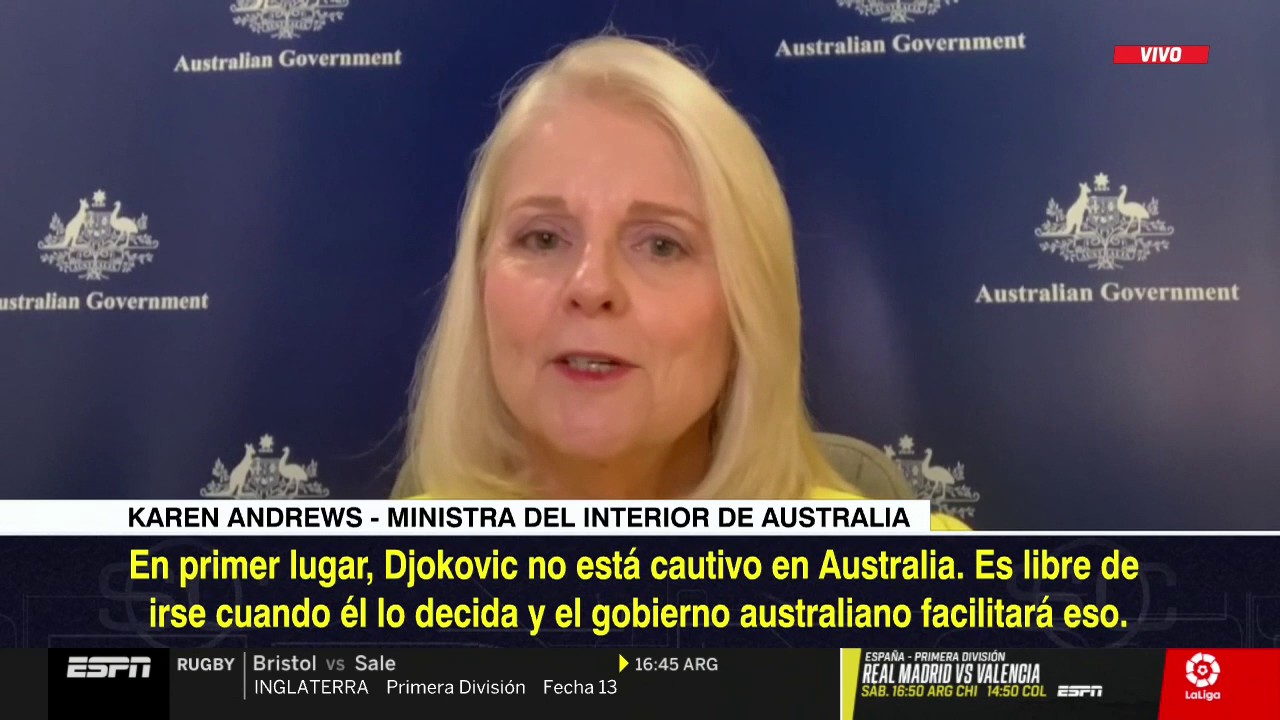 SportsCenter on Twitter: "Karen Andrews, ministra del interior de Australia,  se pronunció por el caso Djokovic y aseguró que el tenista "no está  cautivo" en el país y que "es libre de
