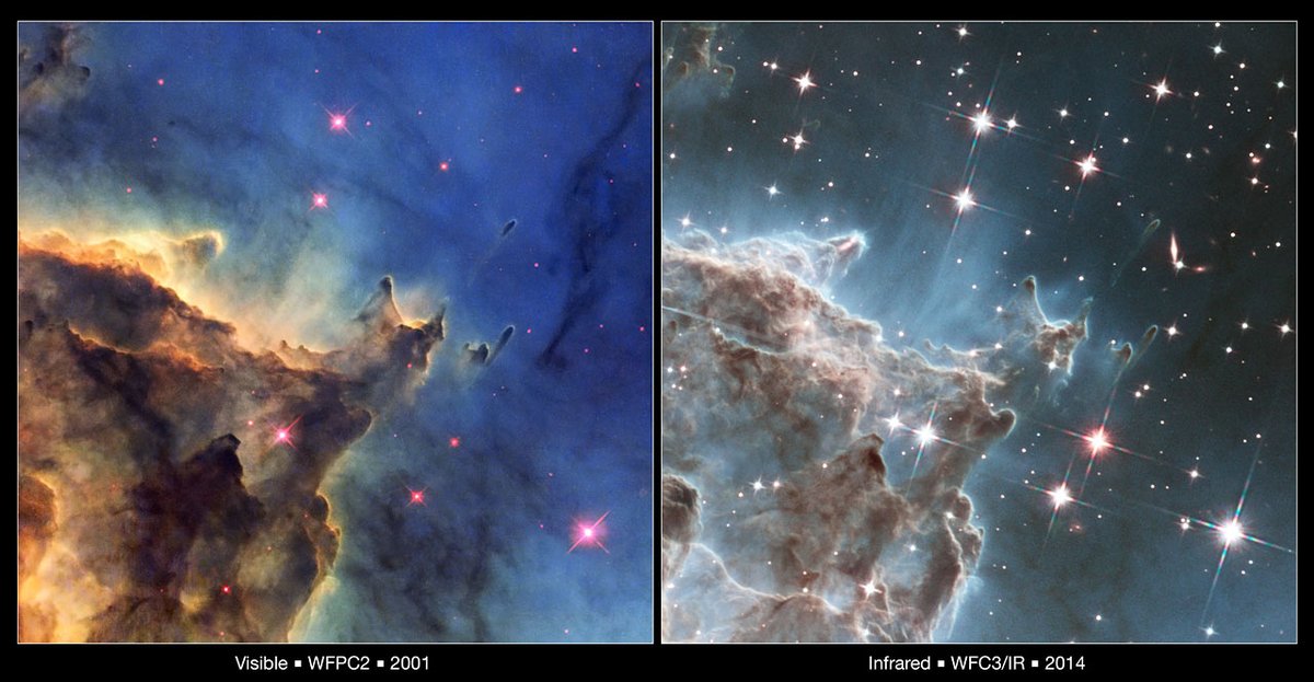 ESA_Webb's tweet photo. #BFFinSpace 🤜🤛  Comparison view of area in the star-forming nebula NGC 2174 captured by @HUBBLE_space (Left) visible light (Right) infrared light penetrates more dust &amp; gas than visible light, allowing details to become visible, giving you a taste of what to expect from Webb https://t.co/LGNb3Qajm7