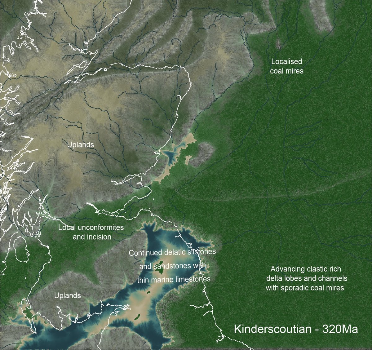 Spent the Christmas break redrew the Carboniferous Scotland/Northsea palaeogeographies creating 3 time slices, Tournaisian, Asbian and Kinderscoutian using realworld hydrology engines and fractals to create a more ‘photo realistic’ palaeogeography. @scottishgeology @EdinGeolSoc