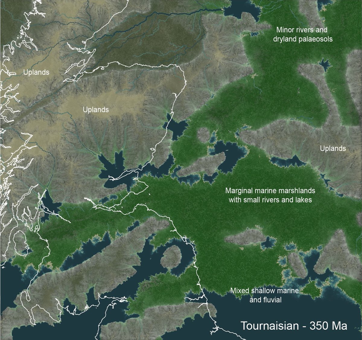 DrTimKearsey's tweet photo. Spent the Christmas break redrew the Carboniferous Scotland/Northsea palaeogeographies creating 3 time slices, Tournaisian, Asbian and Kinderscoutian using realworld hydrology engines and fractals to create a more ‘photo realistic’ palaeogeography.

@scottishgeology @EdinGeolSoc https://t.co/qXxi2zgH4k
