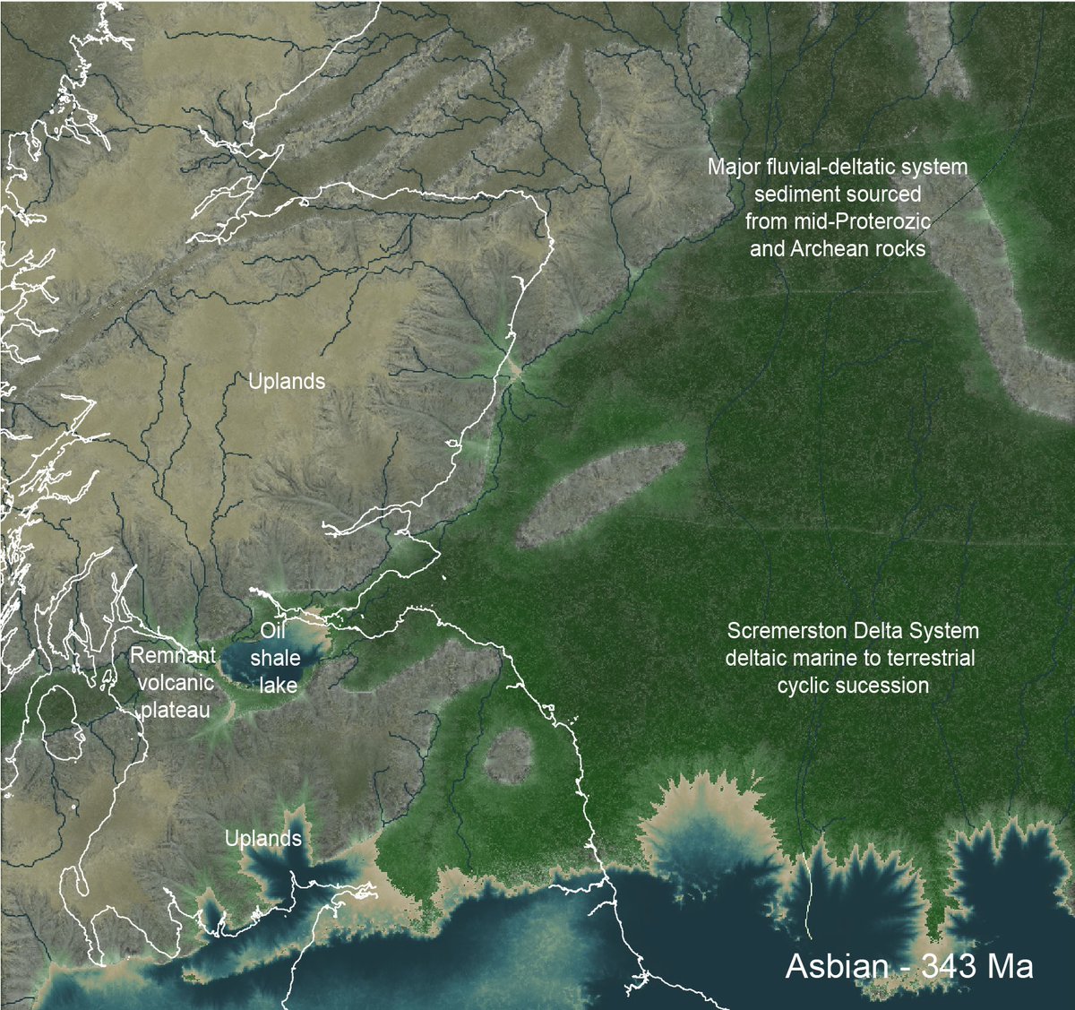 DrTimKearsey's tweet photo. Spent the Christmas break redrew the Carboniferous Scotland/Northsea palaeogeographies creating 3 time slices, Tournaisian, Asbian and Kinderscoutian using realworld hydrology engines and fractals to create a more ‘photo realistic’ palaeogeography.

@scottishgeology @EdinGeolSoc https://t.co/qXxi2zgH4k