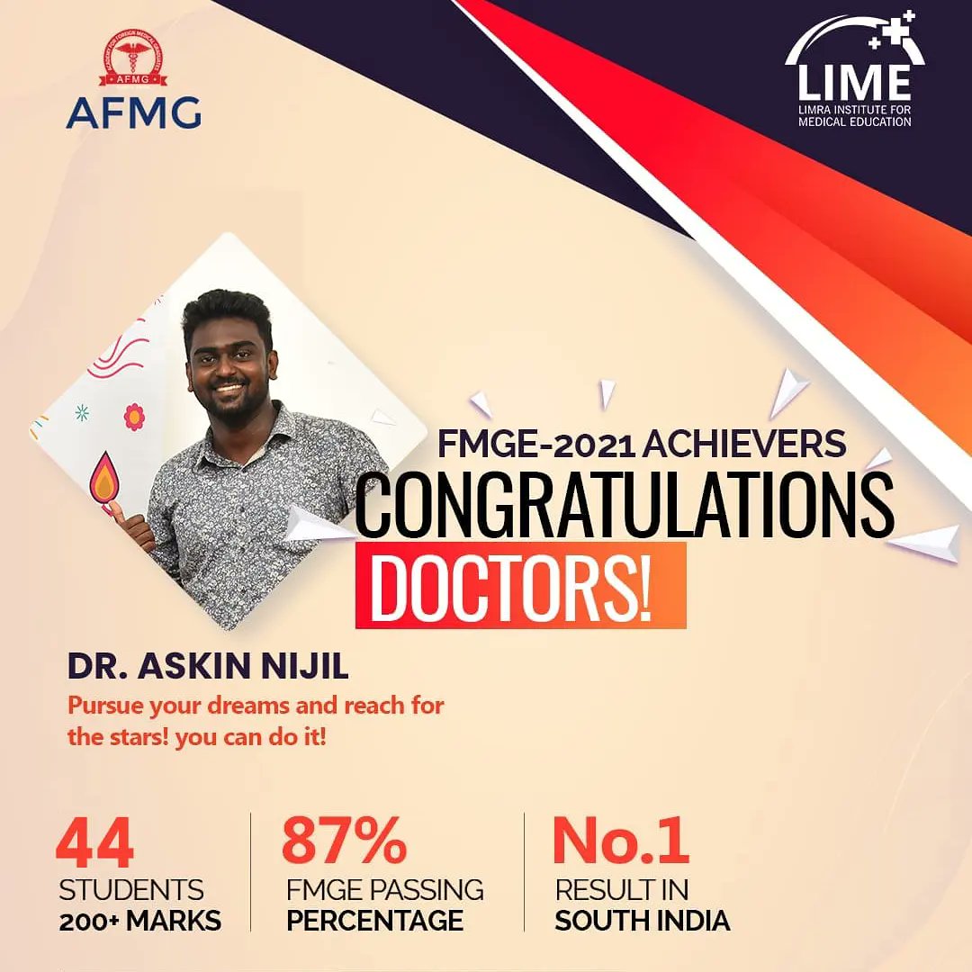LimraTabasum's tweet photo. @lime_institute 

Dear students &amp; parents.Greetings from LIMRA &amp; LIME. 🤝🏻Our Special congratulations to the rank holders of FMGE December 2021 from the Family of LIME &amp; LIMRA

Cleared Doctor's 
🥇Dr. Karthikeyan
🥇Dr. Dhivya
🥇Dr. Bharath
🥇Dr. Askin Nijil https://t.co/iyKlENGSEL
