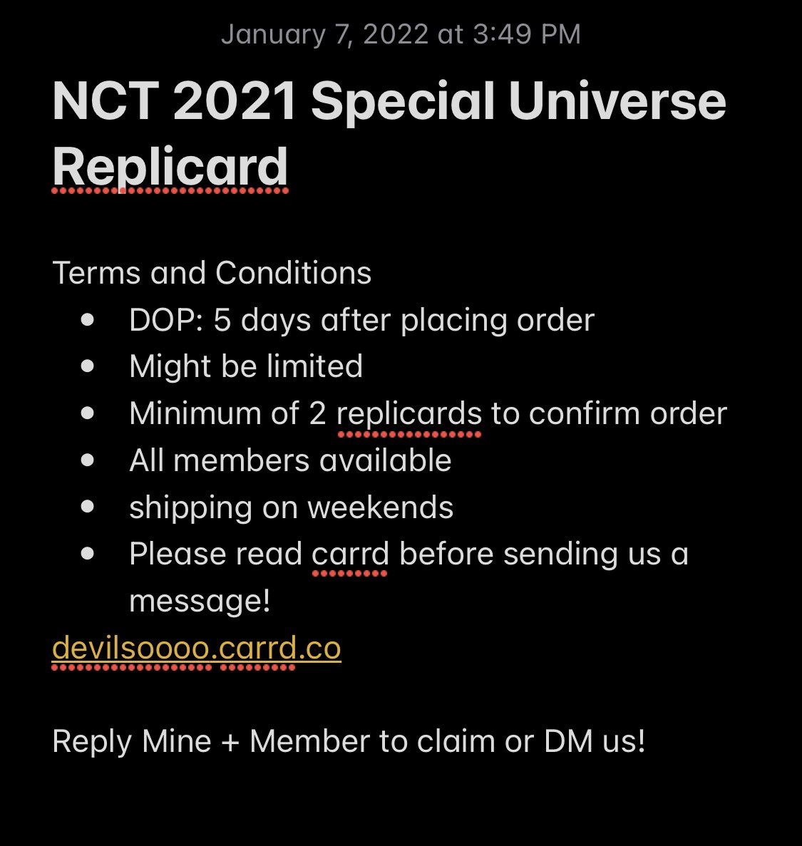 devilsoooo's tweet photo. wts/lfb/ph

nct 2021 special universe card replica 
• 50 pesos each 
• all members available
• see photos for more details 
• video sample &amp; checkout link under the thread

T&amp;C: https://t.co/UAMFVVy0pn 

please help retweet! 🥰

🏷 suc mark doyoung taeyong jeno haechan https://t.co/ZhvGcf3idg