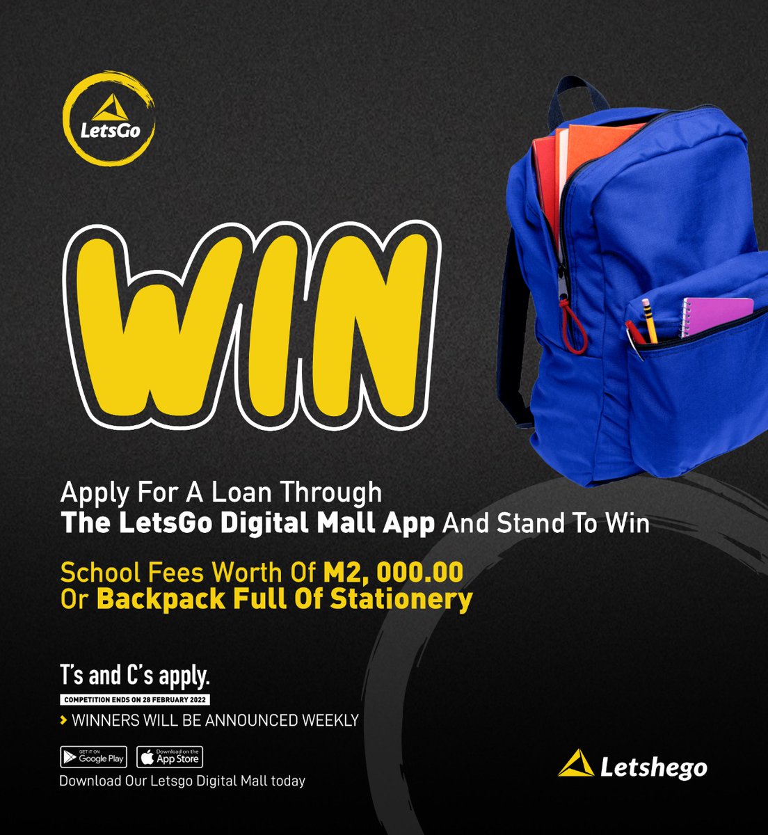 Ree_Chaka's tweet image. Beat the back-to-school blues! Apply for a loan through the LetsGo Digital Mall App &amp;amp; stand to WIN schools fees worth of M2, 000.00 or Backpack full of stationery. Ts &amp;amp; Cs Apply #LetsGoDigital #LetsGoDigitalMall #ItsEasyWithLetshego #LetsImproveLifes💛💙