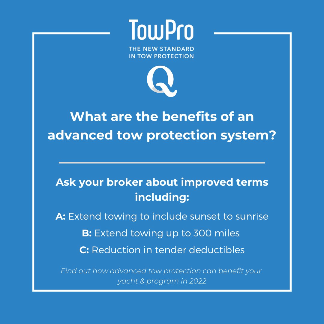 Towprotection's tweet photo. What are the Insurance benefits of an advance tow protection system? Ask your broker about improved terms:
Extend towing to include sunset to sunrise
Extend towing up to 300 miles
Reduction in tender deductibles
#superyachts  #superyachtnews #advancedtowprotection https://t.co/Q8eXQQjKoK