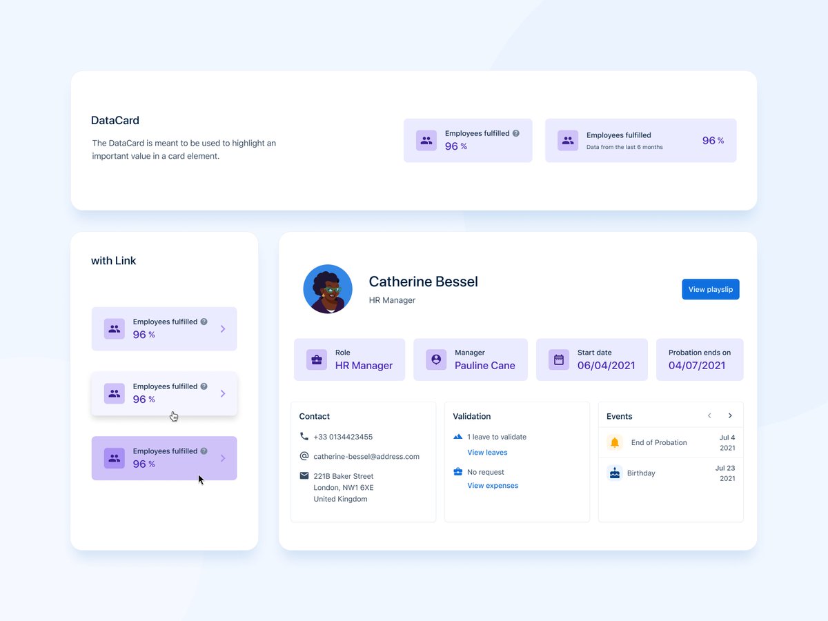 Sylvie Nguyen (@ssilbing) on Twitter photo TGIF yeah! 🎉
The Midnight team (Payfit Design System) is very happy to share with you today the DataCard component to highlight some important values in the interface.
dribbble.com/shots/17216236…
<a href="/PayFit/">PayFit France</a> <a href="/DesignPayfit/">PayFit Design</a> <a href="/PayFitEng/">PayFit Engineering</a> <a href="/yann_isabel/">Yann Isabel</a> @NicoToulemont <a href="/adbayb/">Ayoub</a> TGIF yeah! 🎉
The Midnight team (Payfit Design System) is very happy to share with you today the DataCard component to highlight some important values in the interface.
dribbble.com/shots/17216236…
<a href="/PayFit/">PayFit France</a> <a href="/DesignPayfit/">PayFit Design</a> <a href="/PayFitEng/">PayFit Engineering</a> <a href="/yann_isabel/">Yann Isabel</a> @NicoToulemont <a href="/adbayb/">Ayoub</a>