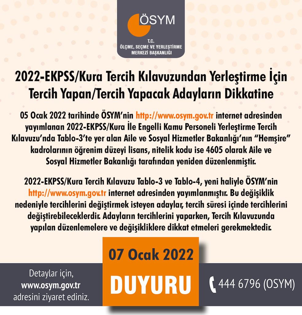 2022-EKPSS/Kura Tercih Kılavuzundan Yerleştirme İçin Tercih Yapan/Tercih Yapacak Adayların Dikkatine

osym.gov.tr/TR,22527/2022-…