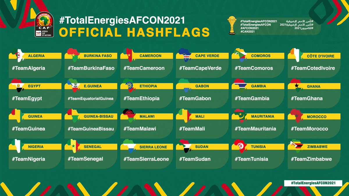 CAF_Online's tweet photo. Represent! 🌍

Reply with your nation's official #AFCON2021 hashtag! 👇

#TotalEnergiesAFCON2021 https://t.co/DDvtr5OO01