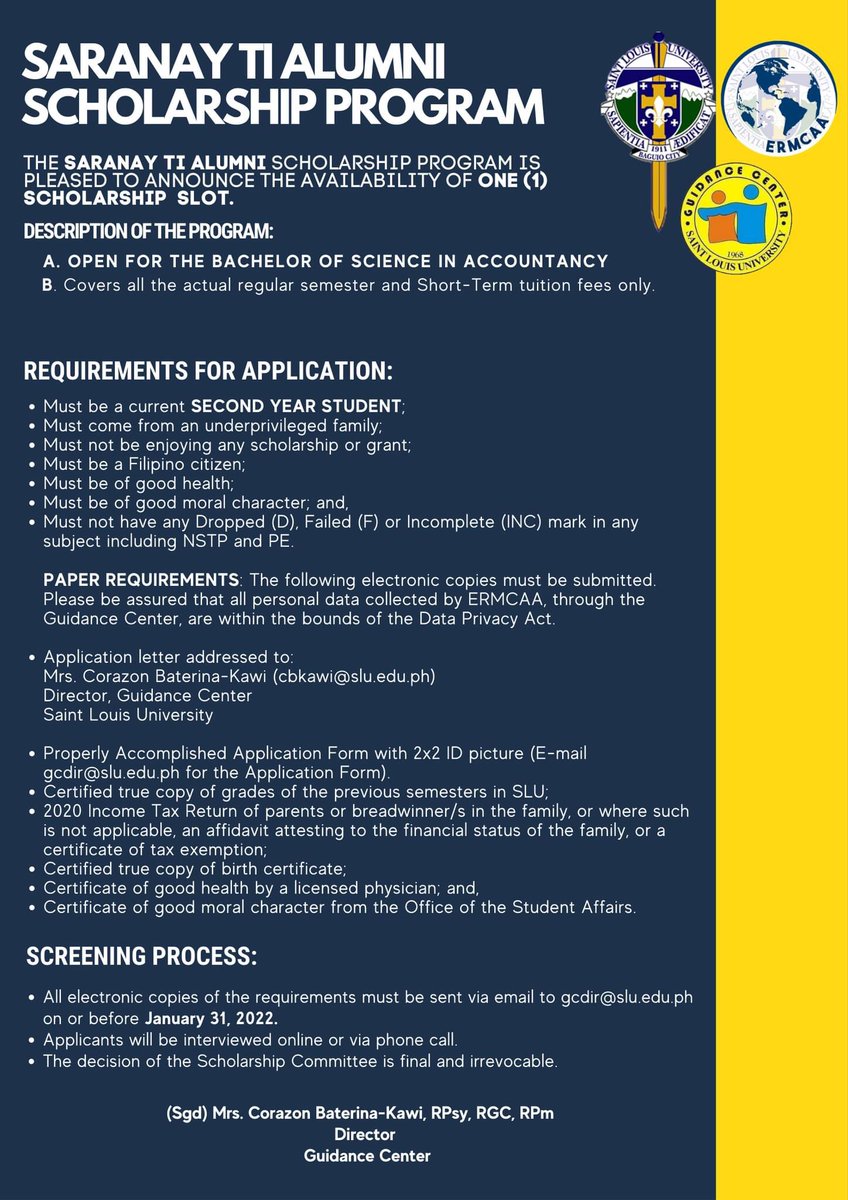 slu_ccw's tweet photo. The SARANAY TI ALUMNI Scholarship Program is pleased to announce the availability of ONE SCHOLARSHIP SLOT for a CURRENT SECOND YEAR BACHELOR OF SCIENCE IN ACCOUNTANCY student. Please see the poster for details. https://t.co/PRsv5Hr6G0