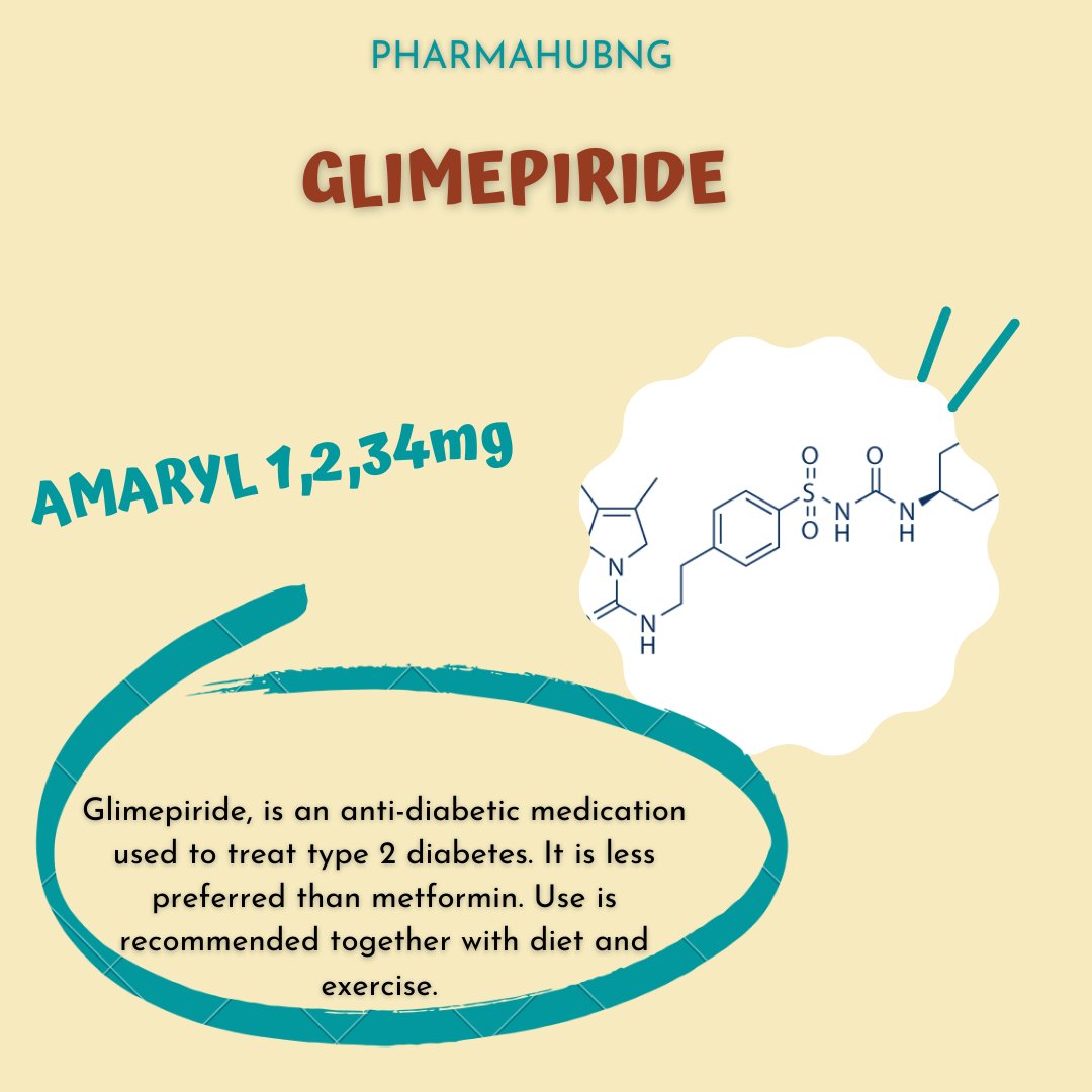 pharmahub_NG's tweet photo. #what do You Know About #glimepride?:-
Glimepiride, is an anti-diabetic medication used to treat type 2 diabetes. It is less preferred than metformin.
#Glimepiride comes as 1mg, 2mg, 3mg and 4mg tablets.
#It's usual to take glimepiride once
https://t.co/IdNguhLCaz https://t.co/C1CTWtqfOF