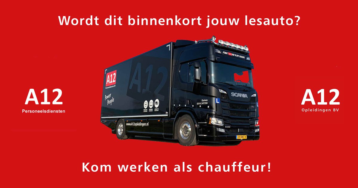 A12Personeel's tweet photo. Wil jij in versneld tempo vrachtwagenchauffeur bij A12 Personeelsdiensten worden? Wij hebben voor jouw een unieke kans om uit te groeien tot een volwaardig Transport Professional. Neem contact op! 0316-247350 #vastebaan #zekerheid #leukteam #mooieritten #internationaal #nationaal https://t.co/OFHjlHX6N5