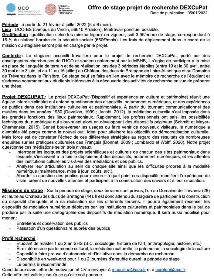 Étudiant.e en Master SHS à la recherche d'un stage : nous recrutons un stagiaire 5/6mois. Profil idéal : M2 voulant acquérir une 1ère expérience en recherche. Le ou la stagiaire participera à notre enquête sur les dispositifs numériques dans les lieux culturels. RT apprécié 😊⬇️
