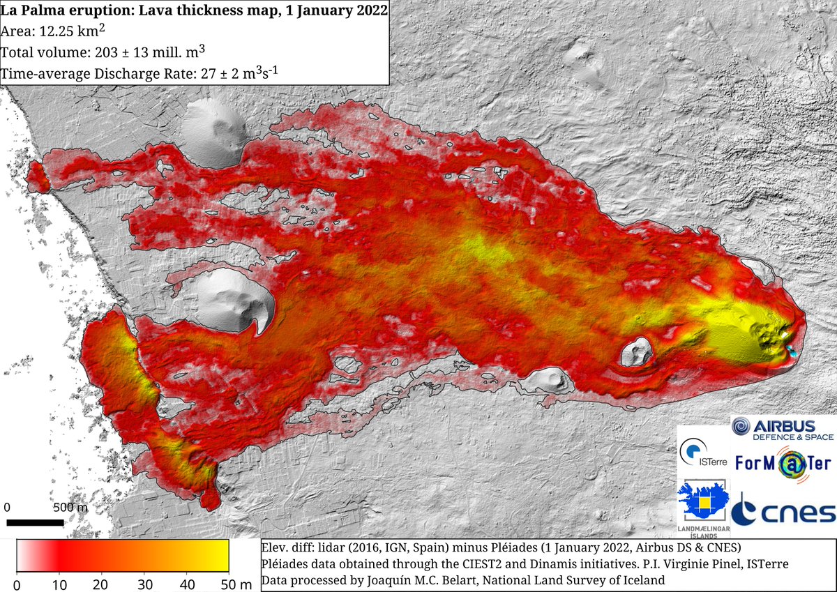 The first #Pléiades survey of 2022 was used to measure the total lava thickness and total lava volume of #lapalmavolcano #LaPalma <a href="/CNES/">CNES</a> <a href="/AirbusSpace/">Airbus Space</a> <a href="/ForMaTerre/">ForM@Ter</a> <a href="/involcan/">INVOLCAN</a>
