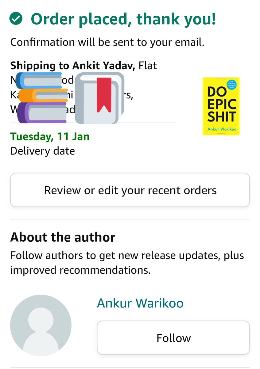 ankitjnyadav's tweet image. Hey @warikoo sir, just ordered #DoEpicShit excited about it and hoping to get your signed one!!

Thank You for all your guidance in the past years!!
Wish you a Happy New Year too sir!!