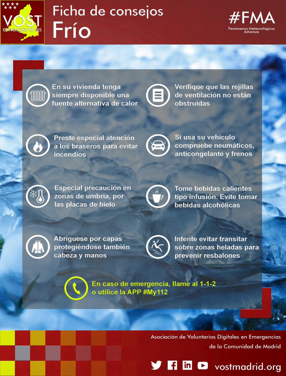 #FMA: Continua activada la alerta sanitaria por #frío en la Comunidad de Madrid, por temperaturas mínimas previstas el sábado 8 de enero por debajo de -2°C, según informa <a href="/SaludMadrid/">Salud Madrid</a>.
⚠️❄️

ℹ️ Más información y consejos: