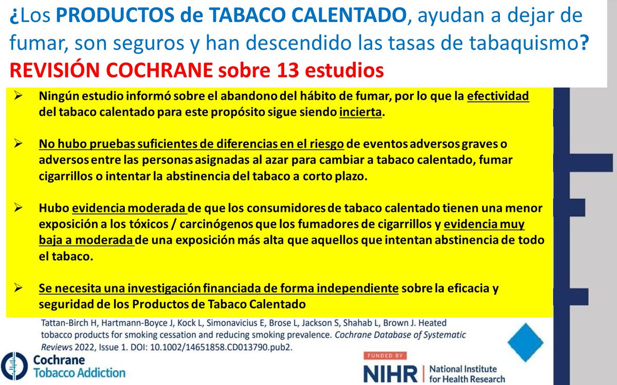 La VERDAD sobre los NUEVOS PRODUCTOS DE TABACO CALENTADO. Revisión <a href="/CochraneLibrary/">The Cochrane Library</a> 
1⃣NO evidencia para dejar de fumar
2⃣NO pruebas de que reduzcan riesgos
3⃣Evidencia moderada en menor expos tóxica
4⃣Los 13 estudios PAGADOS por Industria de #tabaco
 Ver➡️bit.ly/3zy4DI7