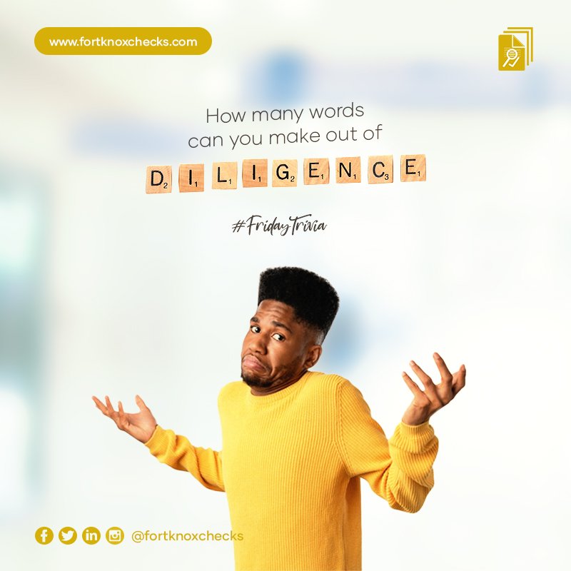 fortknoxchecks's tweet photo. How many words can you make out of DILIGENCE?

Leave your comments below 👇🏽

#FortKnoxChecks #FridayTrivia https://t.co/r51tWu7ewz