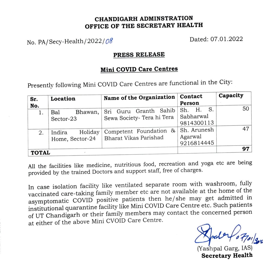 #Chandigarh Two mini Covid Care Centres alreday functional in Chandigarh 👇