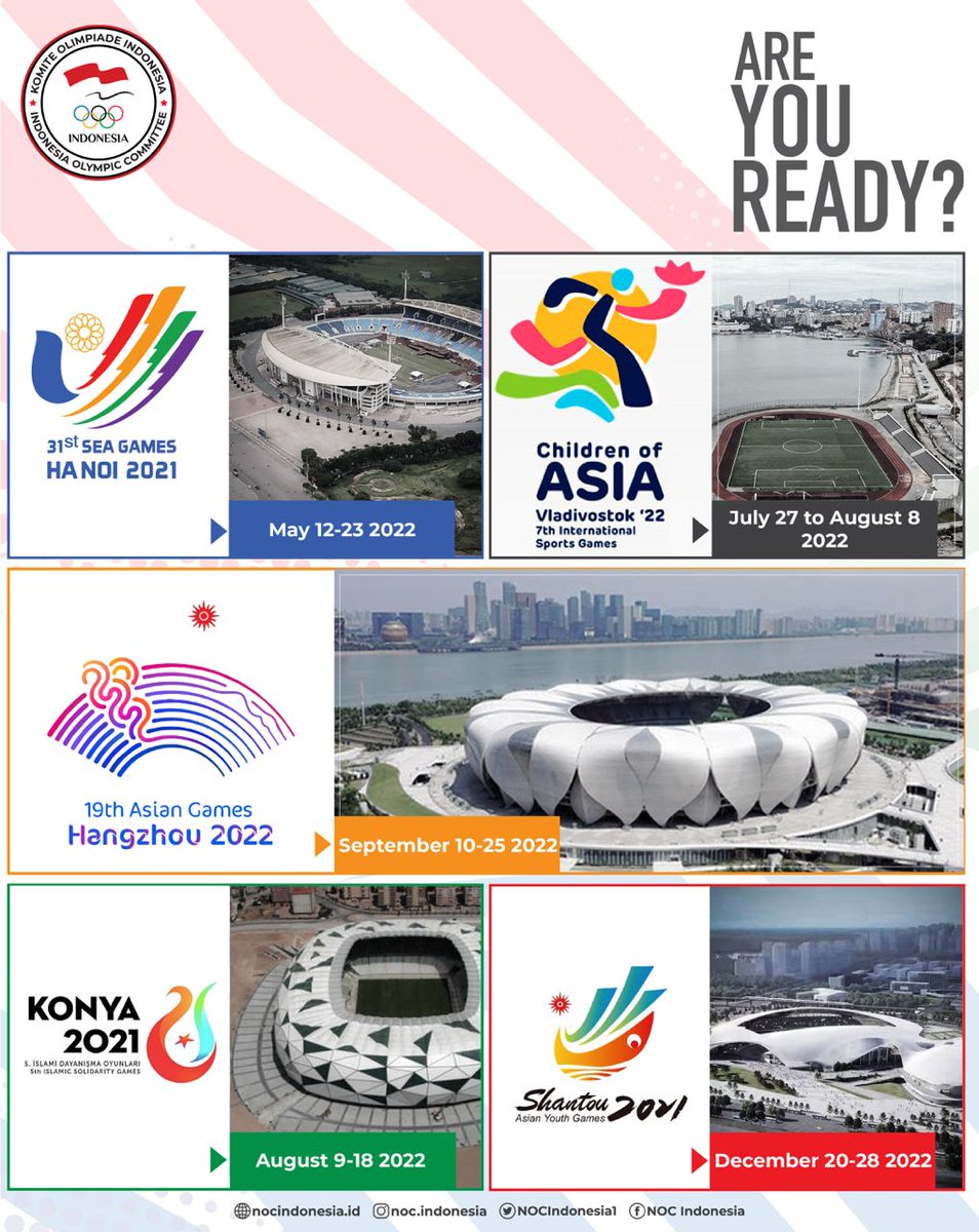 NOCIndonesia1's tweet photo. Hai Sahabat NOC. These are multi-event calendars for 2022. It is going to be a very hectic year for all of us.
⠀
Don’t forget to always support Indonesian Athletes to get more achievements this year. 🇮🇩🇮🇩🇮🇩
⠀
Btw, which event are you waiting for the most? 😍
⠀
#NOCUpdate https://t.co/bAIzrjEjOX