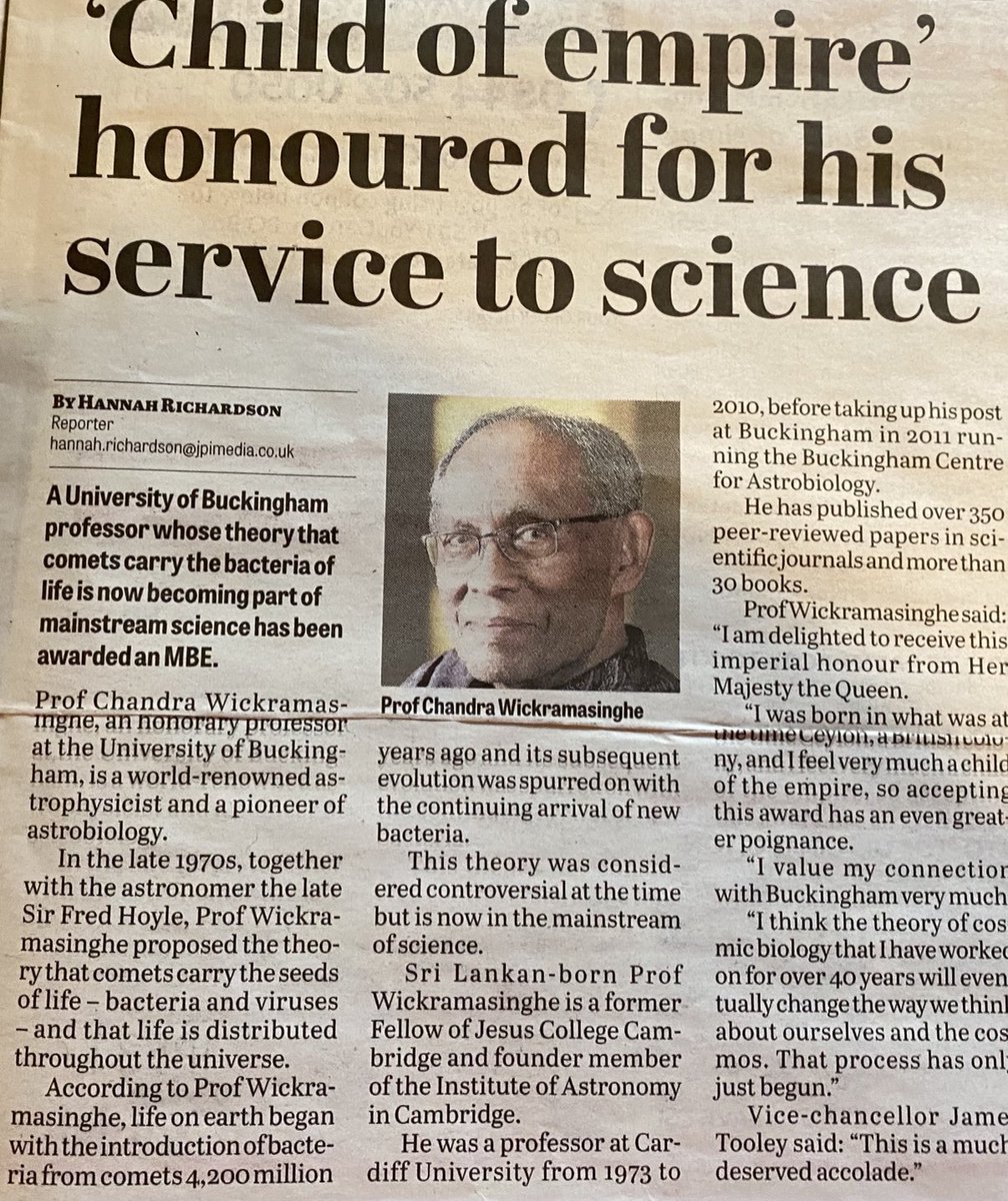 diana_blamires's tweet photo. University of Buckingham ⁦@UniOfBuckingham⁩ Astrobiologist Prof Chandra Wickramasinghe, who has done research on comets which will “change the way we think” has been awarded an MBE. See ⁦@BandW_Adv⁩ 👇 https://t.co/OKjLVYl2UJ