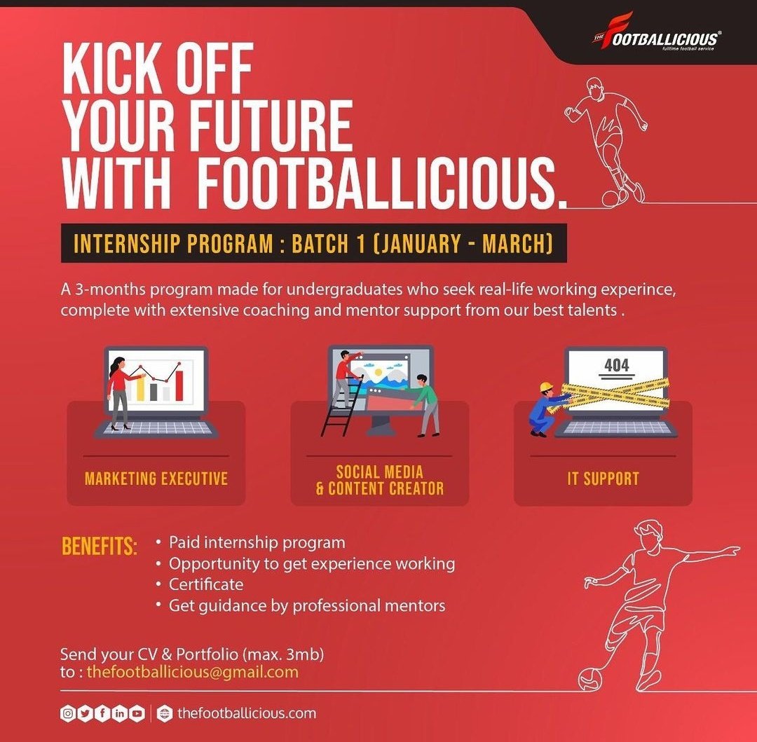 Ditrasm's tweet photo. The Footballicious membuka kesempatan magang bagi mahasiswa/mahasiswi semester akhir. Disebarkan ke teman-temannya yaa brosist. https://t.co/AFnk2I1qQt