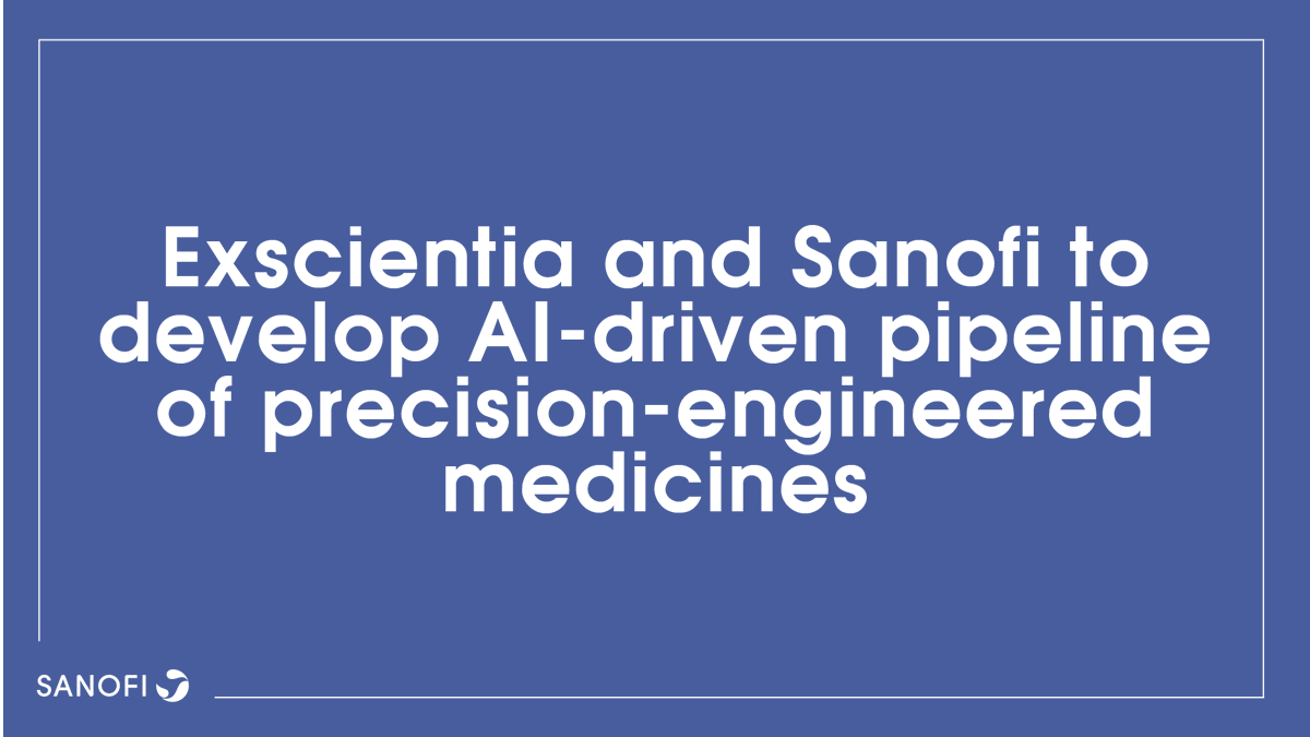 sanofi's tweet photo. We're excited to announce a new research collaboration and license agreement with @exscientiaAI to accelerate drug discovery with #AI and develop up to 15 new small molecule medicines for cancer and immune-mediated diseases. https://t.co/W4p91BxRRQ #SanofiScience https://t.co/qIvXeWvRgK