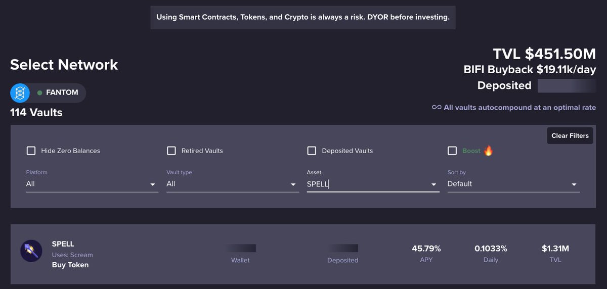AllCryptoBits's tweet photo. Earn 48.79% APY on $SPELL using @beefyfinance 

1. If you already have $SPELL on other chain , then use the @SpookySwap https://t.co/tTIsqA24Md bridge and transfer to $FTM chain

2. Then go to  https://t.co/AOTHUug93G deposit your $SPELL

NFA https://t.co/xtMqhazUTZ