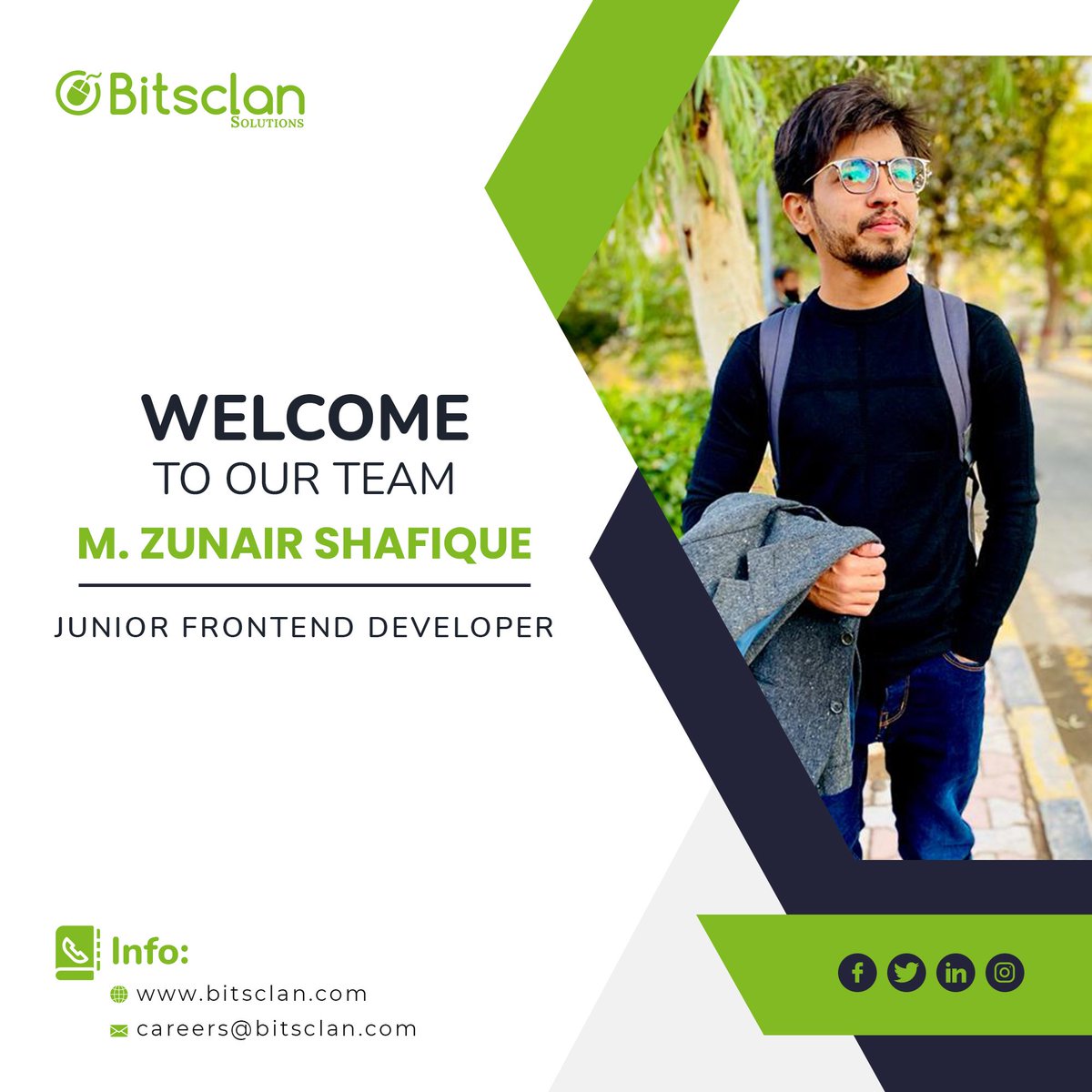 BitsClan's tweet photo. Welcome Aboard M. Zunair Shafique as Junior FrontEnd Developer!
We hope you have a fantastic time work with the team.

#bitsclanitsolutions #welcome #newhiring #teammember https://t.co/2jJVnfZG0t
