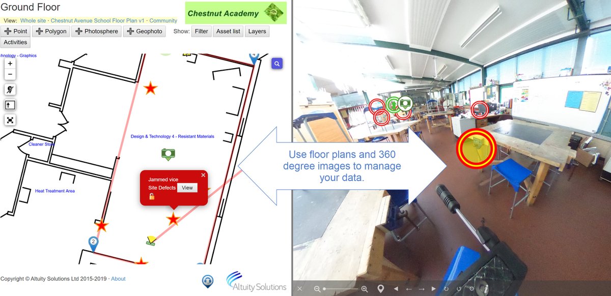 Altuity's tweet photo. Managing your asset and maintenance data on plans is great for a bird's eye view. Open a 360deg view for that in-room experience. https://t.co/I1giGtmp7r #FM #Maintenance #AssetVisualisation https://t.co/dQrlmFdNYc