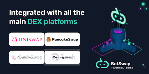 Fetch_ai's tweet photo. Our vision is to grow the number of platforms, and DEXs covered by #BotSwap and to launch new features and benefits for our community over the coming months. https://t.co/yZIPse7t15