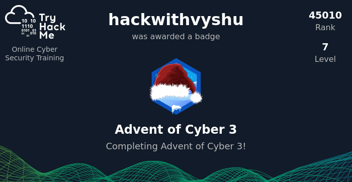 vaishnavucv's tweet photo. @tryhackme #AdventOfcyber3 https://t.co/FSm8UktYzy