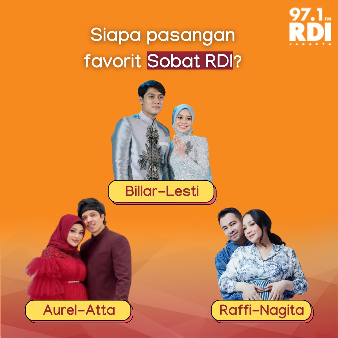 rdi971's tweet photo. Halo sobat RDI, kita pengen tahu nih siapa sih pasangan favorit sobat RDI? Coba komen yuk
#RDI #RDIUpdate #FavoritesCouple #LesLar #AttaAurel #RaffiNagita https://t.co/U73cgfCYvz