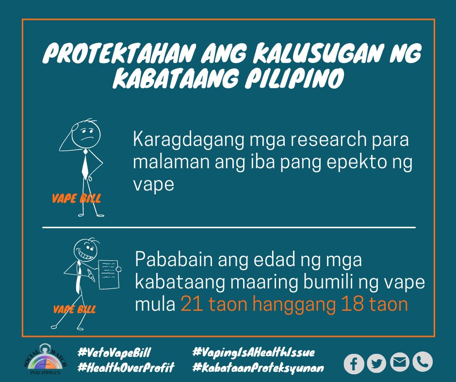 SocialWatchPH's tweet photo. Kung maipapasa ang  Senate Bill 2239 o Vape Bill, at bababa ang legal age of access sa vape, pwedeng mahikayat ang mga kabataan na gumamit at malulong sa nakamamatay na bisyo. 

#vetothevapebill
#VapeNotSafe
#VapingIsAHealthIssue
#BeSafeDontVape
#KabataanProteksyunan https://t.co/k8IQjHYzZN