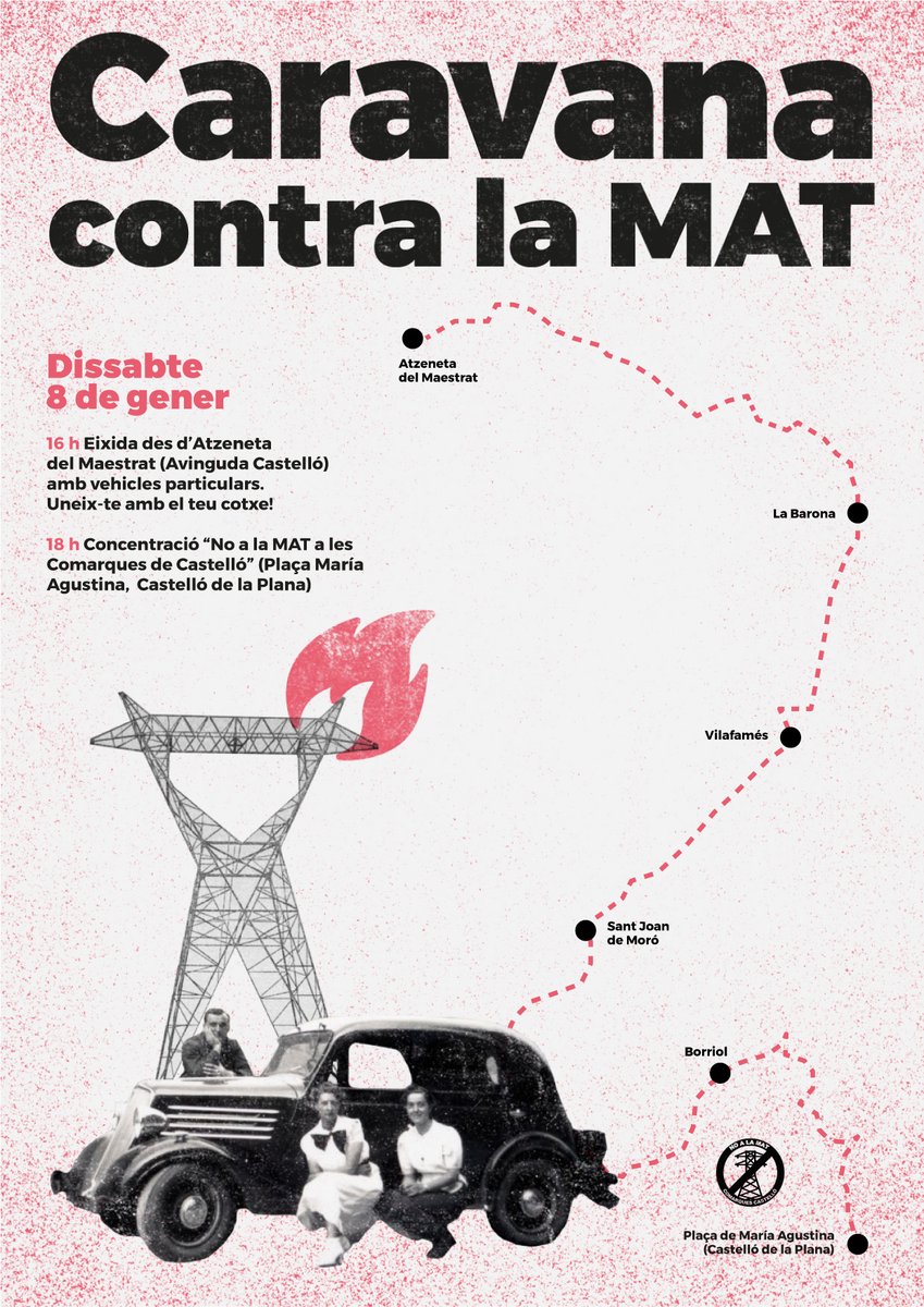 NoMatCCastello's tweet photo. TIC TAC TIC TAC...⚡

Ja falta poquet per la Caravana contra la MAT...

Ací vos deixem els horaris de pas per cada poble on vos podeu sumar i l'arribada programada a la plaça Maria Agustina de Castelló a les 18h, on llegirem un manifest i tancarem l'acte.

‼ Ens veiem demà 🔥 https://t.co/9TfM2GwQQB