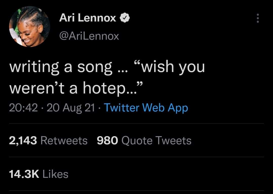 ShakaRaSpeaks's tweet photo. There's some strange irony in the fact that @AriLennox was wildly popular on Twitter a few months ago. for announcing she writing a song called "Wish You Werent A Hotep".

Then she go ah Afrika - shares that the Ancestors spoke to her - now everybody treating her like a #Hotep 🤔 https://t.co/2nmKl5Mrns
