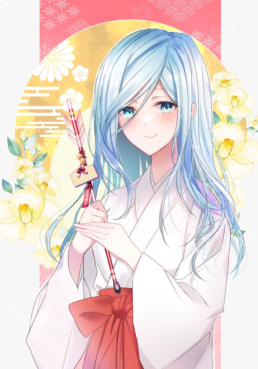 1girl mole under mouth japanese clothes blue hair solo long hair mole  illustration images