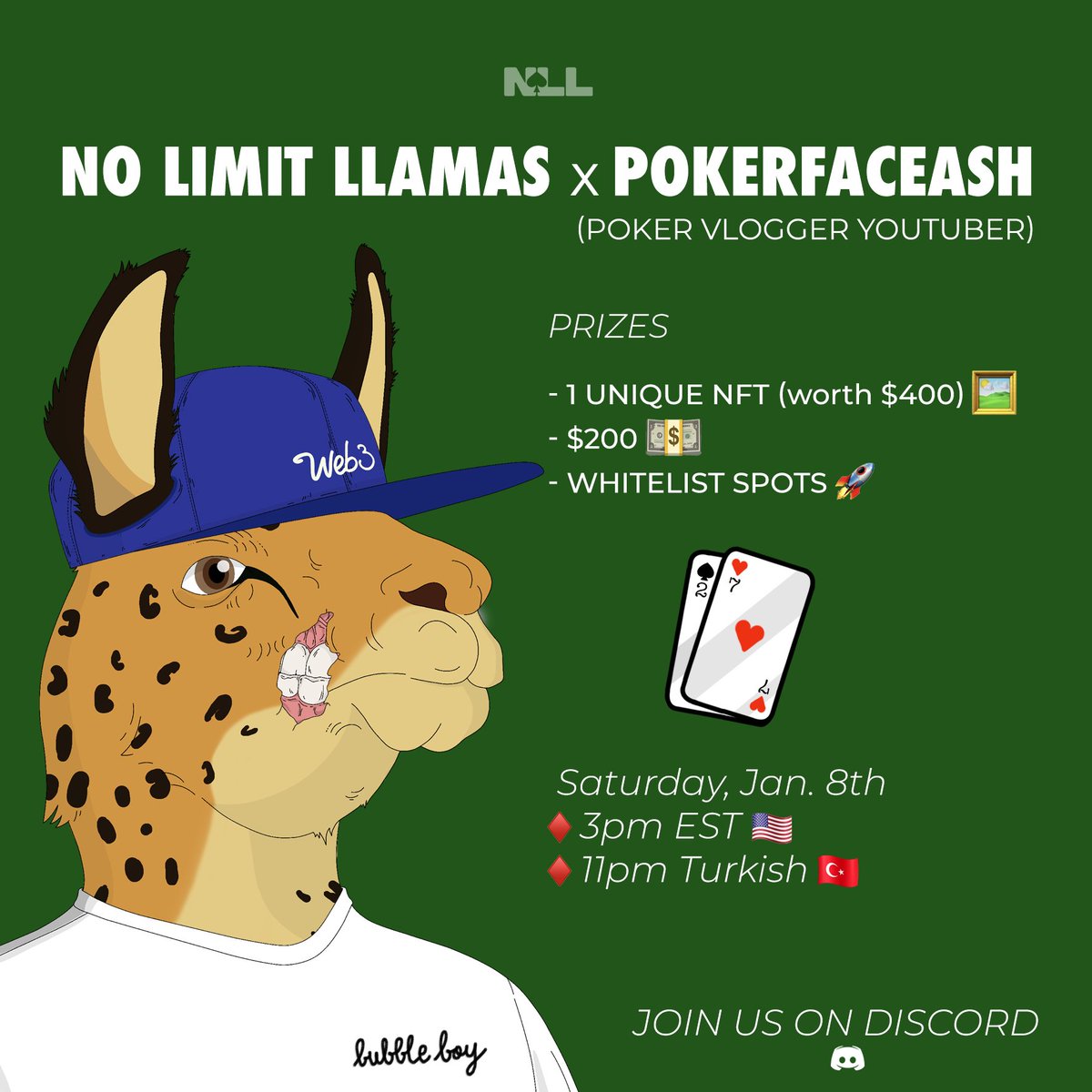 nolimitllamas's tweet photo. Play free Poker this Saturday (Jan. 8th 3pm EST) with @pokerface_ash_ pro poker player ♠️♦️♣️
She will be streaming it LIVE on her YouTube channel!

Prize Pool:
One Llama NFT Frame 🖼️
$200 💸
Top 20% : Whitelist spots 🚀

Discord 👉 https://t.co/1ApYbWYRRV 

#nft #pokeronline https://t.co/w6h993jM89