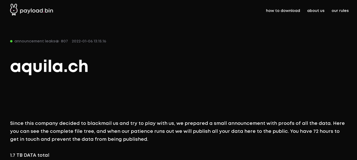S0ufi4n3's tweet photo. #PayloadBin #Ransomware group leaked 1.7 TB of data from #aquila.ch

 #leaks #infosec #databreach #cyberattack #cybercrime https://t.co/0x6pIhKfVu