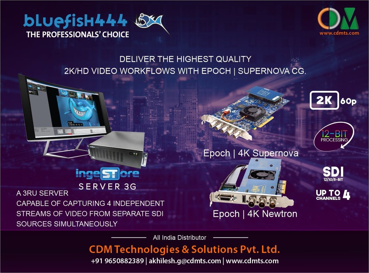 CDMTS's tweet photo. π BlueFish444
The Professional Choice
Deliver The Highest quality 4K/2K/HD Video workflows with Epoch | Suppernova
Ingestore Server
3Ru server capable of captureing 4 independent Stream of Video from Separatr SDI Sources Simultaeously
#Bluefish444 #ingestore #professional https://t.co/2ALeIDeBPX