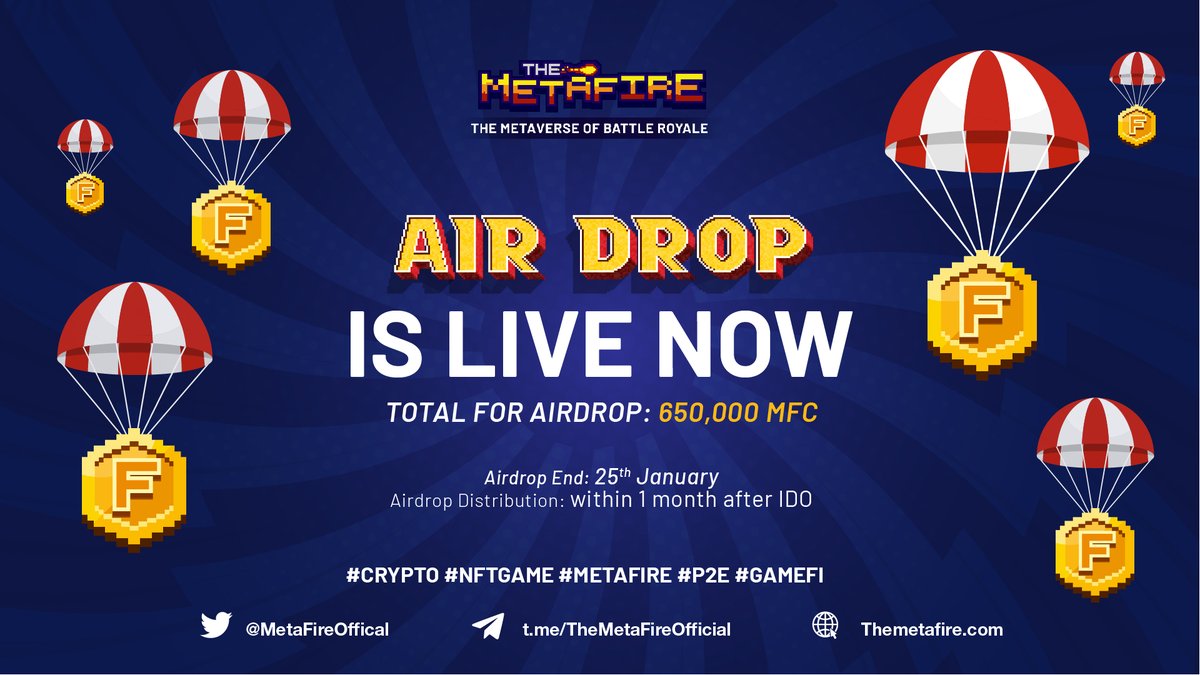 MetafireOffical's tweet photo. 📣#MetaFire #airdrop is live now!

🎉Total for airdrop: 650,000 MFC

👉Use our airdrop bot in Telegram:
https://t.co/tD9LbrJMQb

🗓 Airdrop End: 25th January
🗓Airdrop Distribution: within 1 month after IDO https://t.co/Yl4MsrhFiq