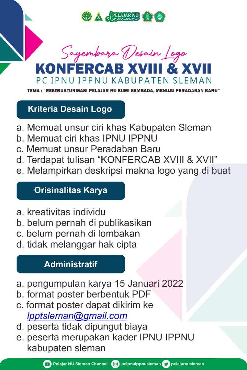 pelajarnusleman's tweet photo. Untuk rekan dan rekanita Se. Kab.Sleman, yuk salurkan kreativitasnya.

Bisa ikut sayembara Desain Logo looo. https://t.co/lQasj7UmCJ