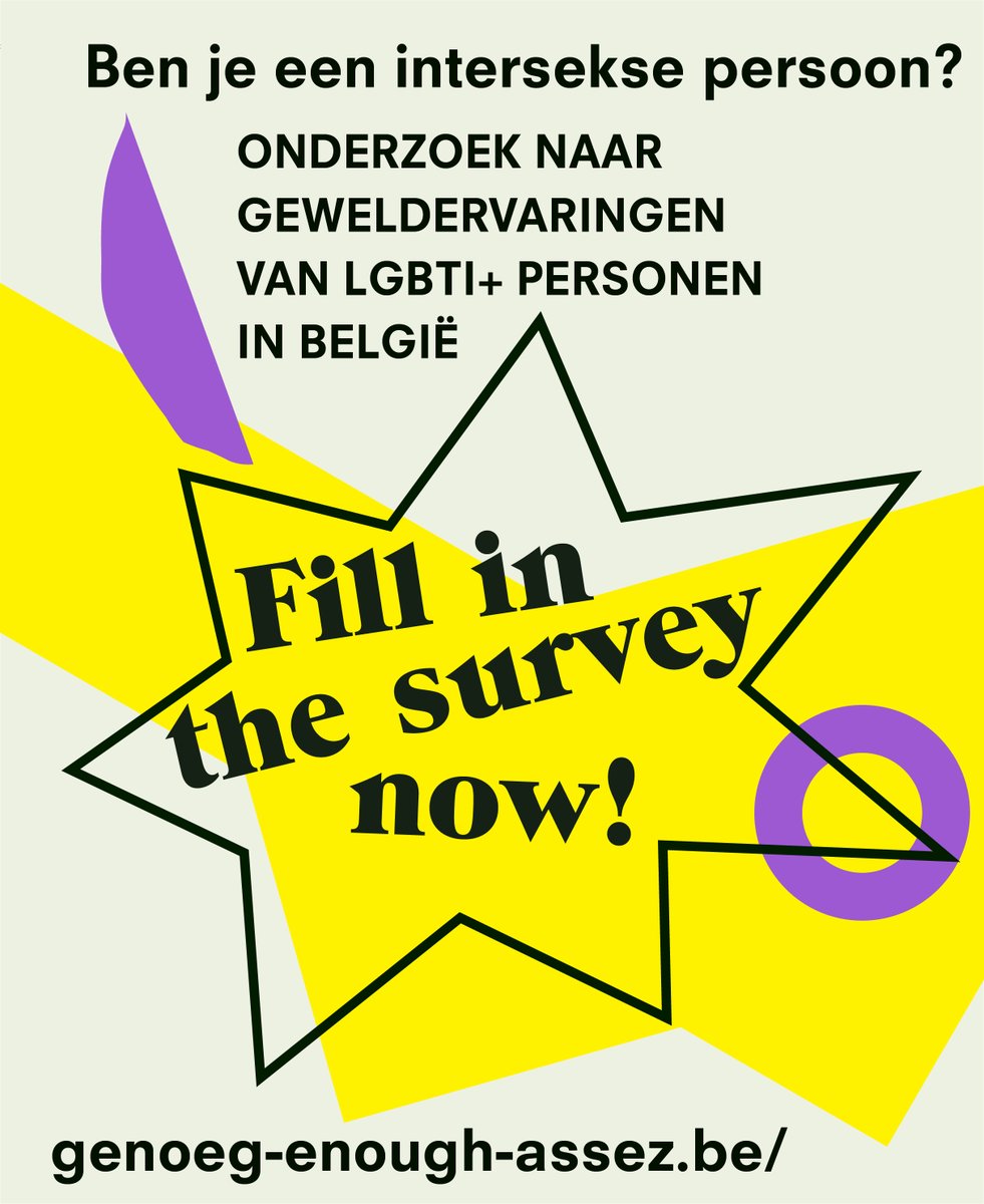 Ben jij een intersekse persoon of heb jij een variatie in geslachtskenmerken? Neem dan deel aan het volgend beleidsvoorbereidend onderzoek rond geweldervaringen.

Vragenlijst: genoeg-enough-assez.be  

#intersekse #DSD #LGBTI #geweld #onderzoek #gelijkekansen #genoeg