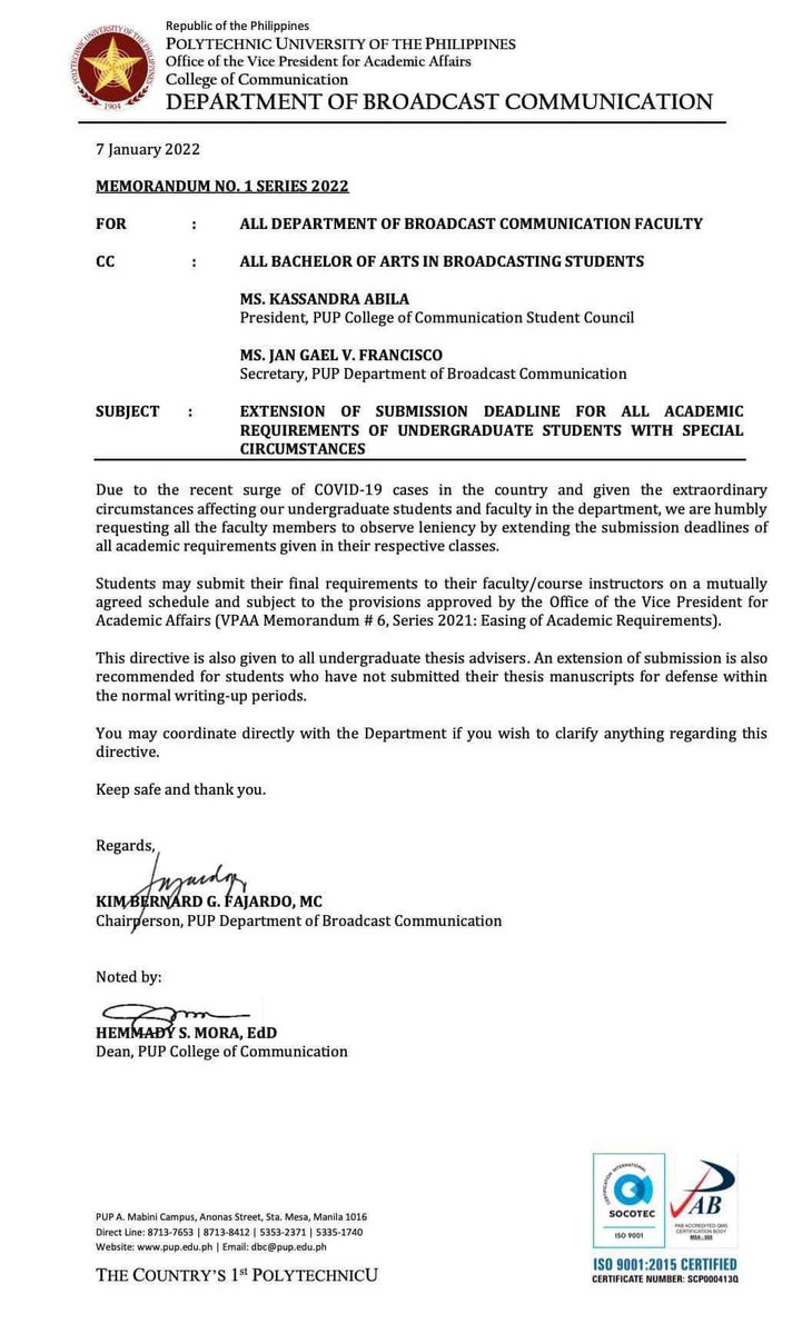 pupcocdakom's tweet photo. JUST IN | A memorandum for submission deadline extension for all academic requirements was formally signed today by College of Communication (COC) Dean Hemmady Mora and Department of Broadcast Communication (DBC) Chairperson Kim Fajardo. https://t.co/Voh6CwM3Ic